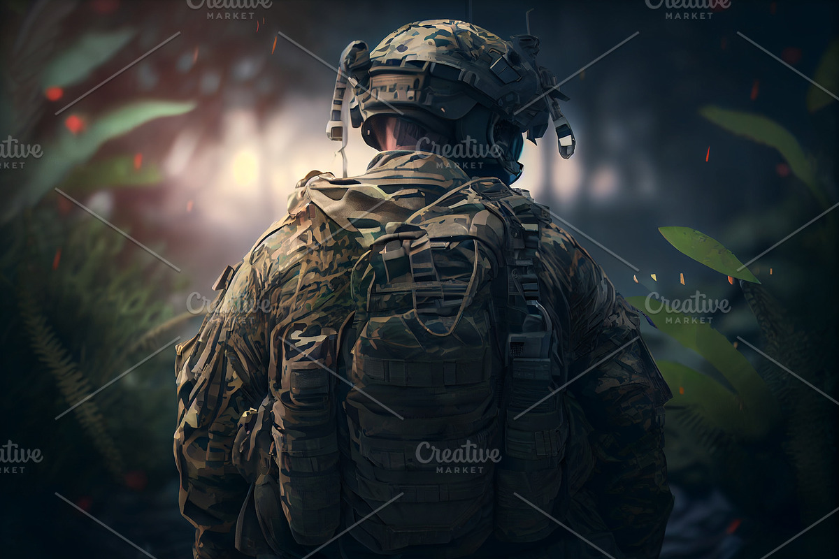 Fully equipped soldier in camouflage uniform rear, an Illustration by Olyryk & Aglo