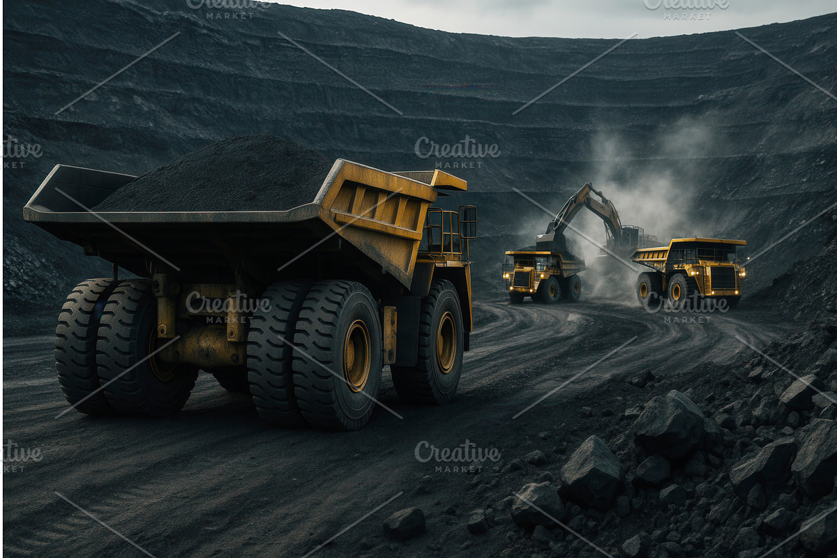 Large yellow dump trucks and an, an Illustration by Sergey Kotenev