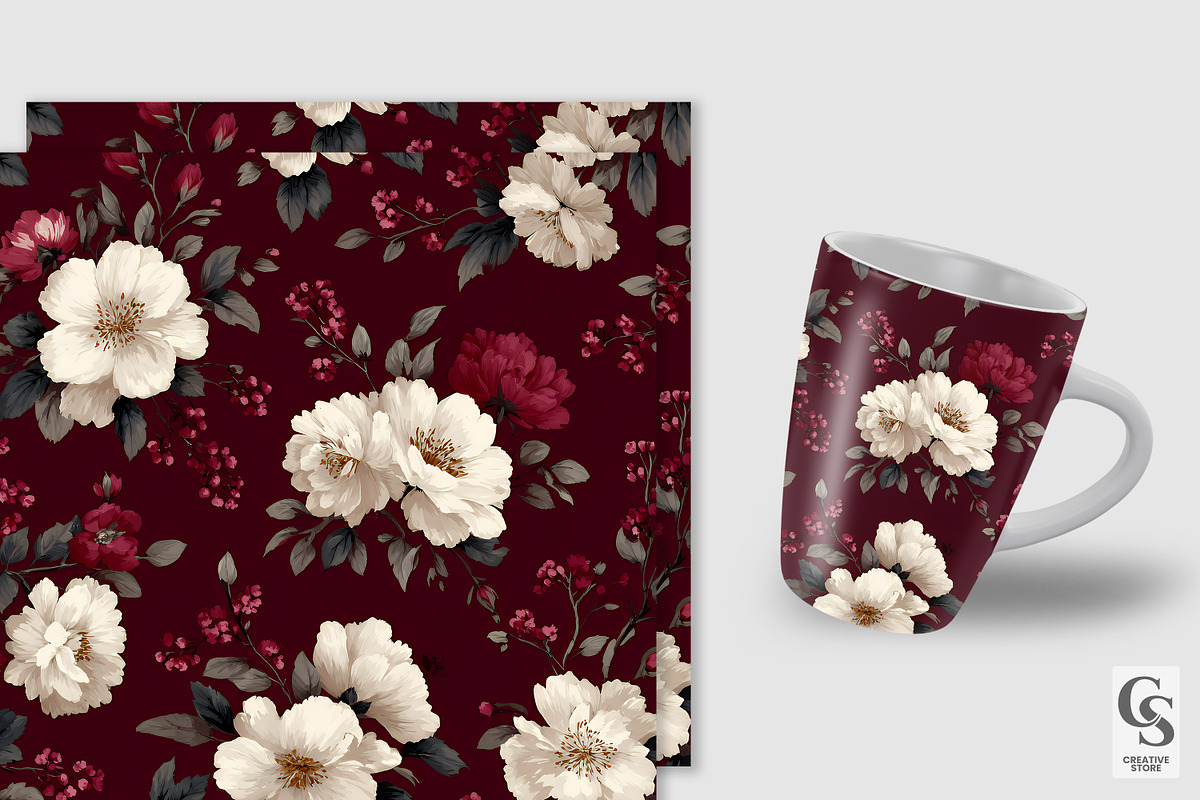 Cream & Burgundy Flowers Pattern, a Pattern Graphic by Creative Store (Photo 2 of 5)