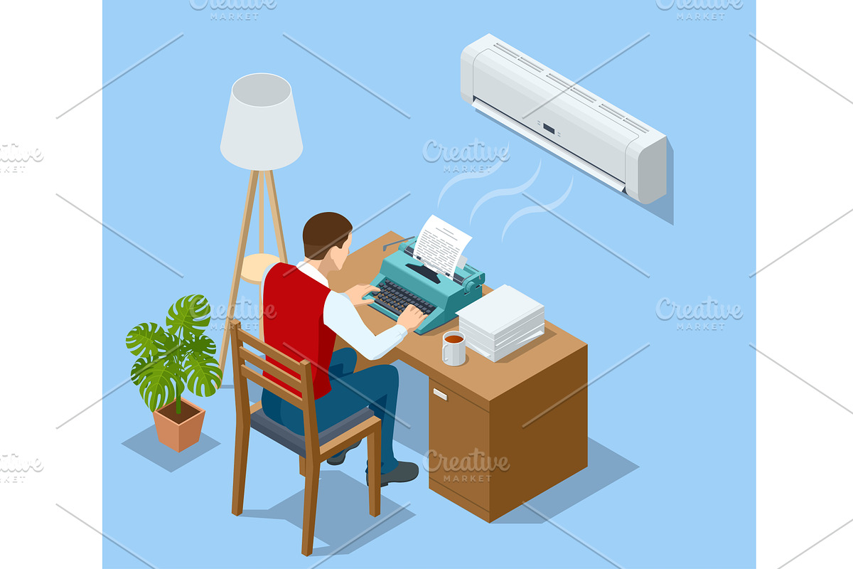 Isometric illustration of writer at, a Technology Illustration by Golden Sikorka