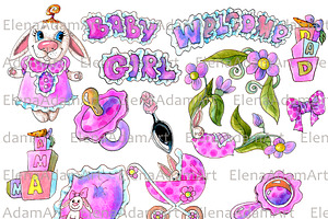 Welcome Baby Girl Watercolor Clipart