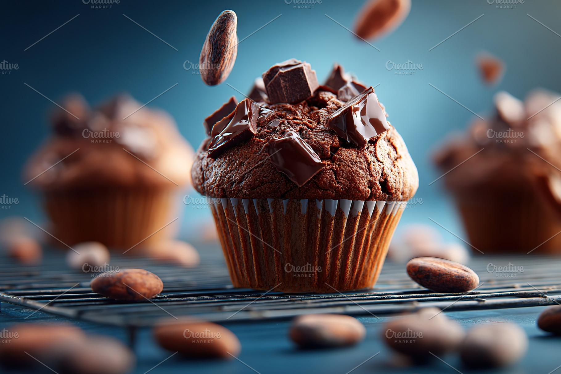 Delicious baked vegan chocolate muffins on a cooling rack with chocolate chunks, a Food & Drink Photo by AlyaAnd