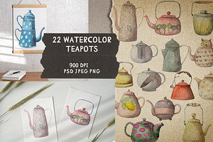 Watercolor 22 teapots set