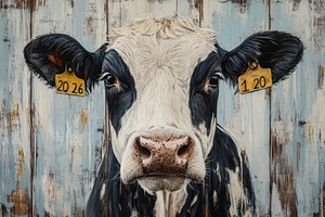 Cow with ear tags in front of rustic, a Photo by Iftikhar Alam