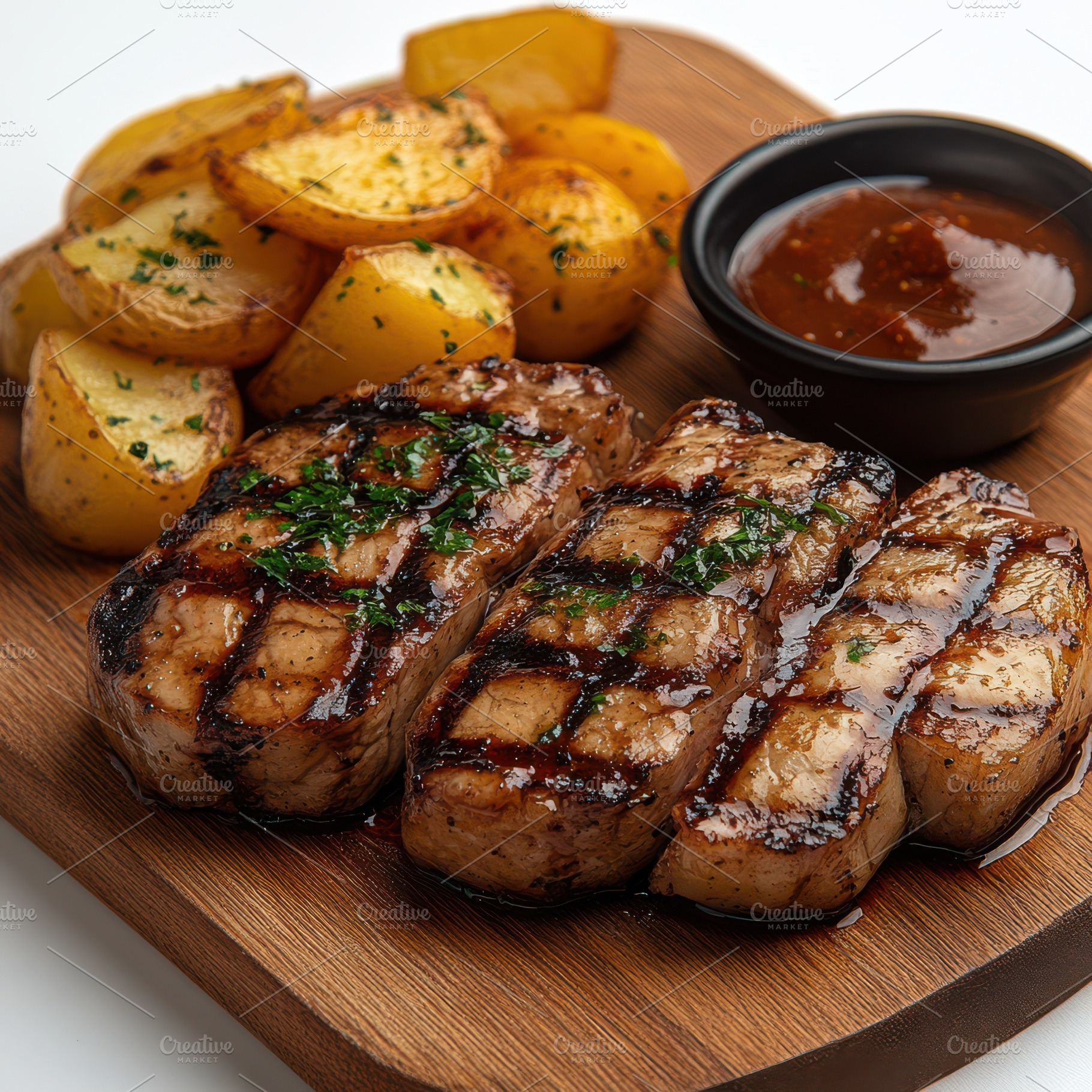 Sliced grilled meat steak with sauce, a Food & Drink Photo by Pixeness Studio