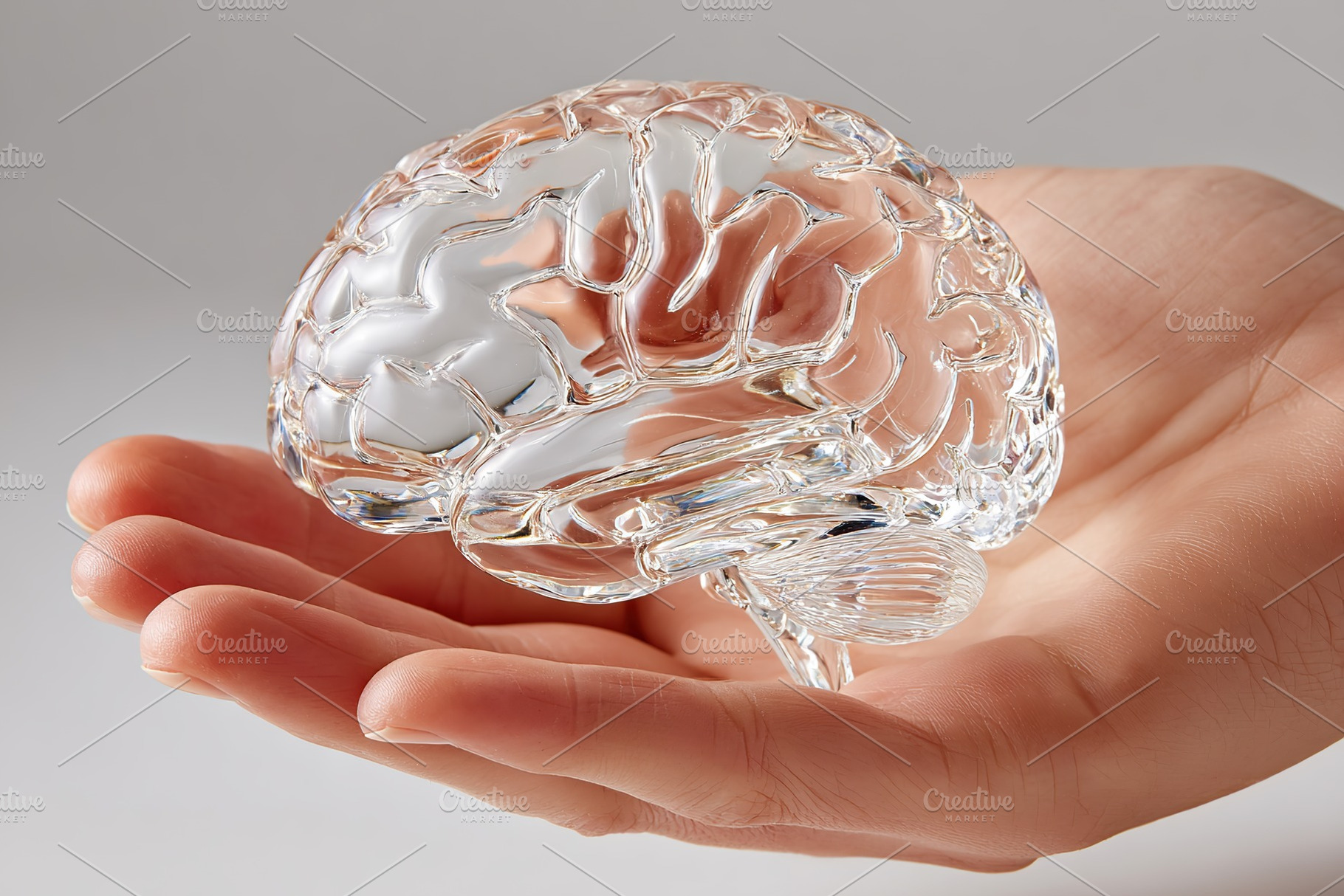 Realistic glass model of a human brain held in a hand showcasing intricate deta, a Photo by AlyaAnd