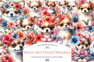 Watercolor Floral Chihuahua Clipart, an Illustration by DreamCafeArt