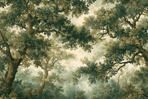 Misty Verdant Forest Wallpaper, a Decorative Illustration by Virgo Studio