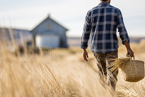Farmer walking through golden field, an Industrial Photo by MistyDay