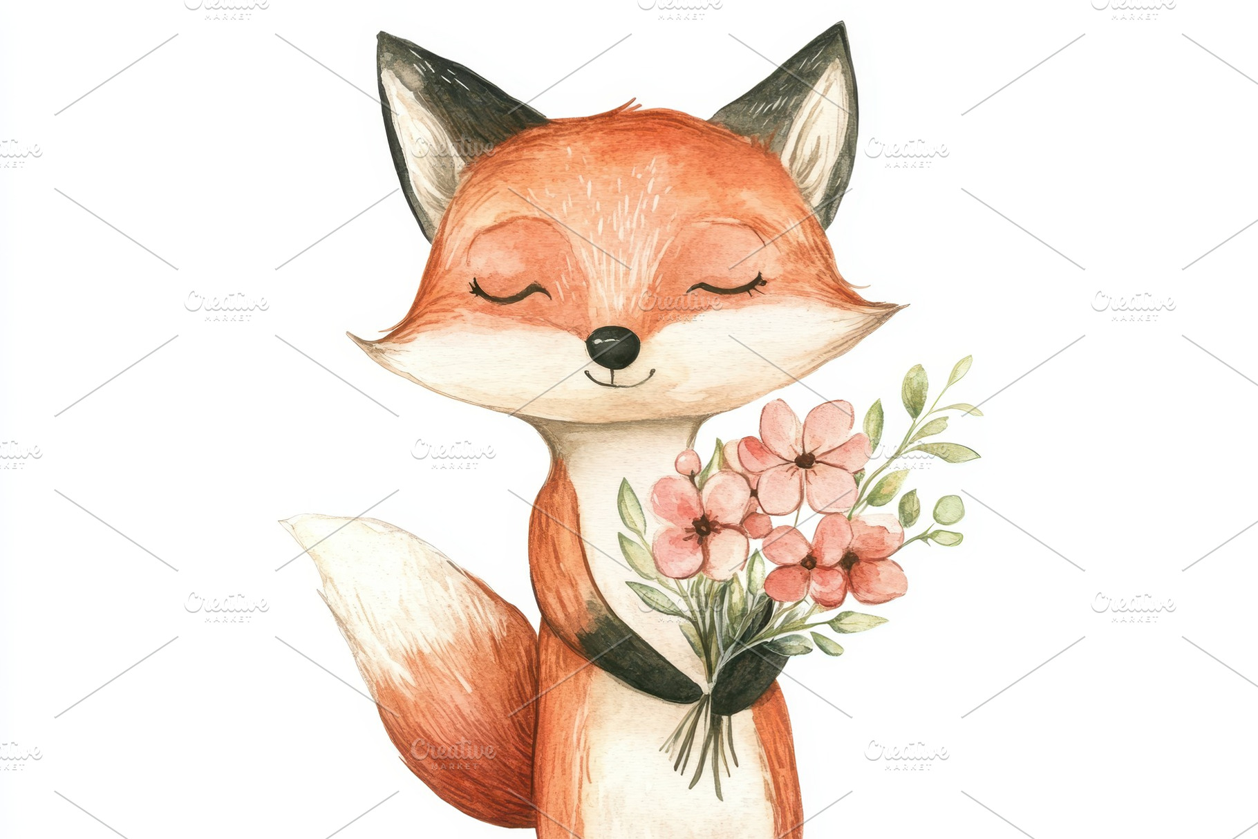 Charming fox holds vibrant flowers, a Photo by Pavel_design