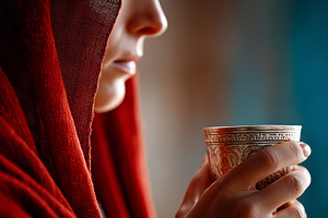 Woman in a red veil holding cup, a Person Photo by MistyDay