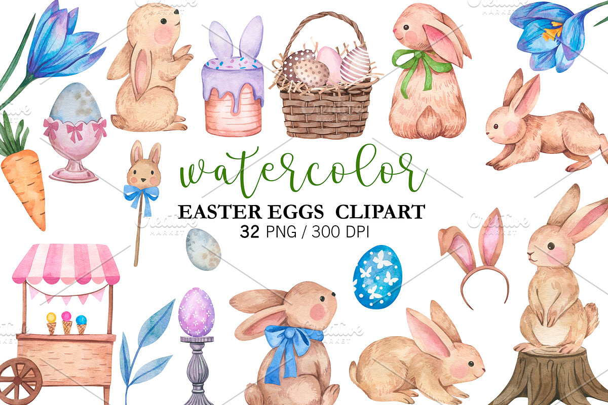 Watercolor Easter Bunny Clipart PNG, an Illustration by PatternPalette (Photo 1 of 2)