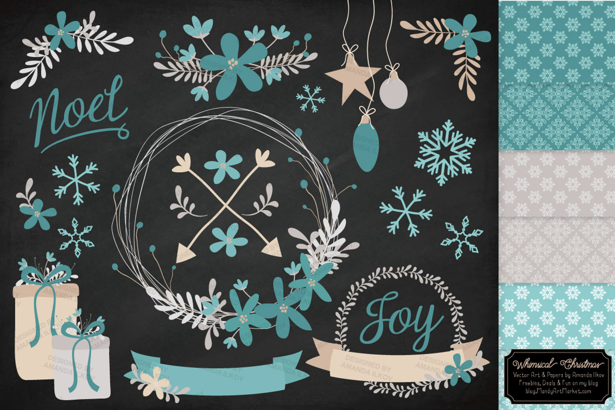 Vintage Blue Christmas Clipart, an Illustration by Amanda Ilkov (Photo 2 of 5)