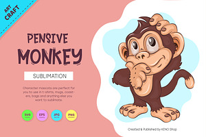 Pensive Cartoon Monkey. Crafting, an Animal Illustration by KENO Mascots