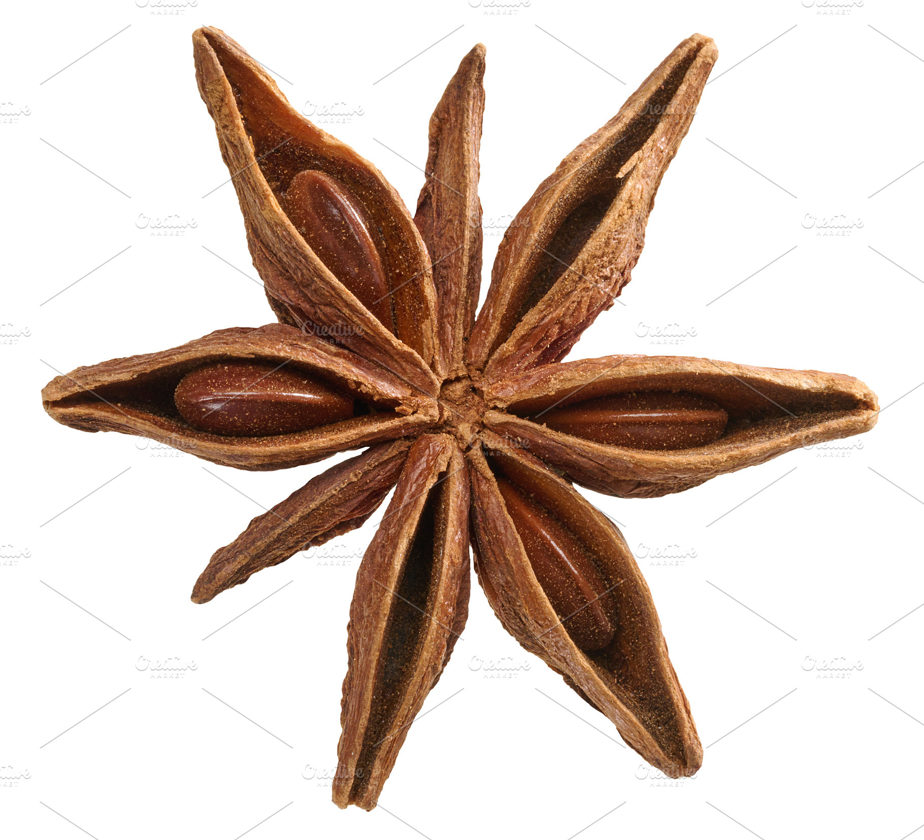 Spice star anise on white isolated background, top view, a Food & Drink Photo by ndanko