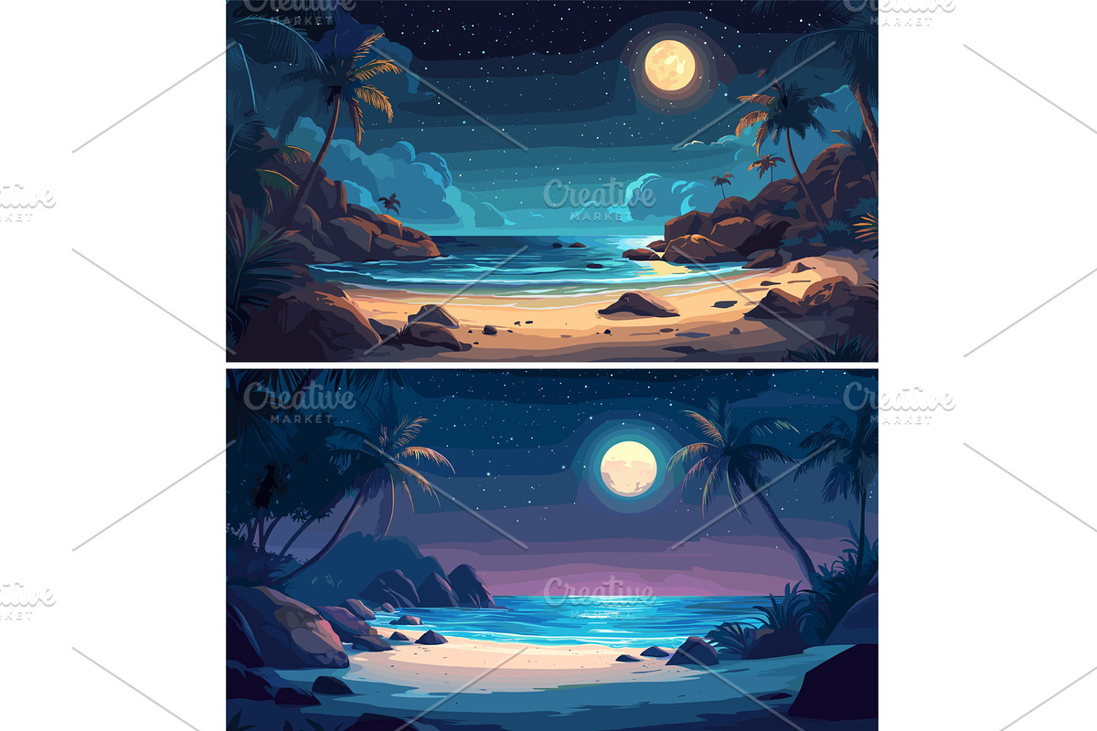 Night ocean beach cartoon vector, an Illustration by Onyx
