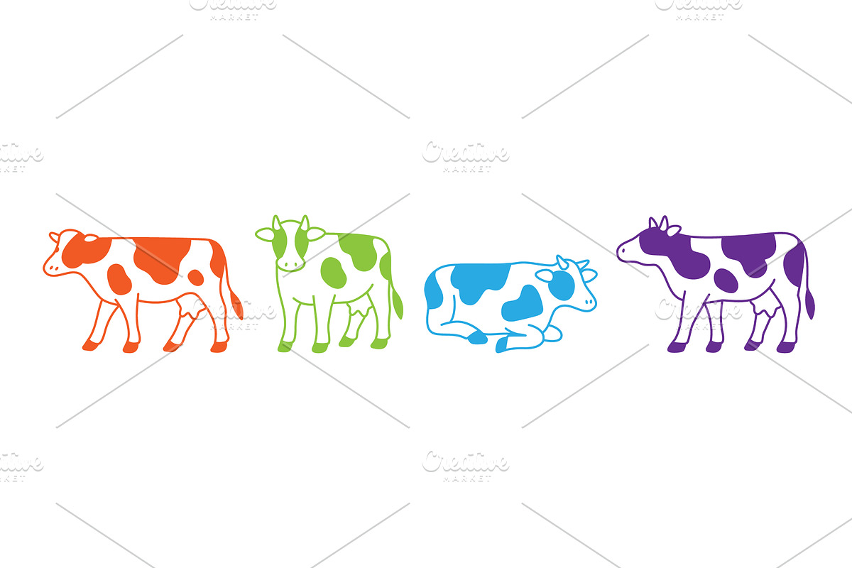 Set of colorful cows in different, an Animal Illustration by GraphiShop