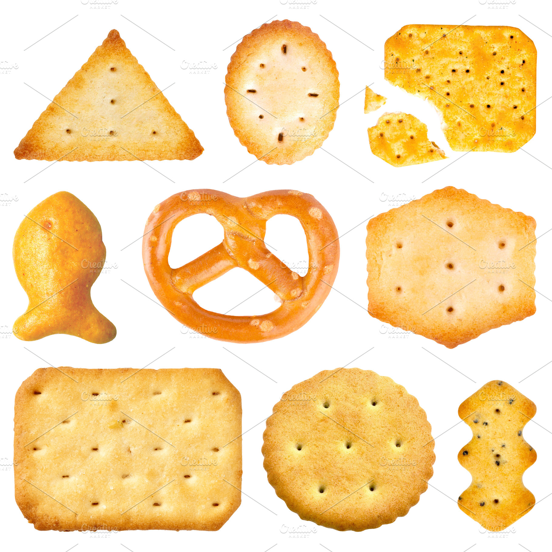 Various cracker biscuits isolated, a Food & Drink Photo by BOOCYS