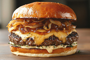 Delicious burger with melted cheese, a Food & Drink Photo by Pixeness Studio