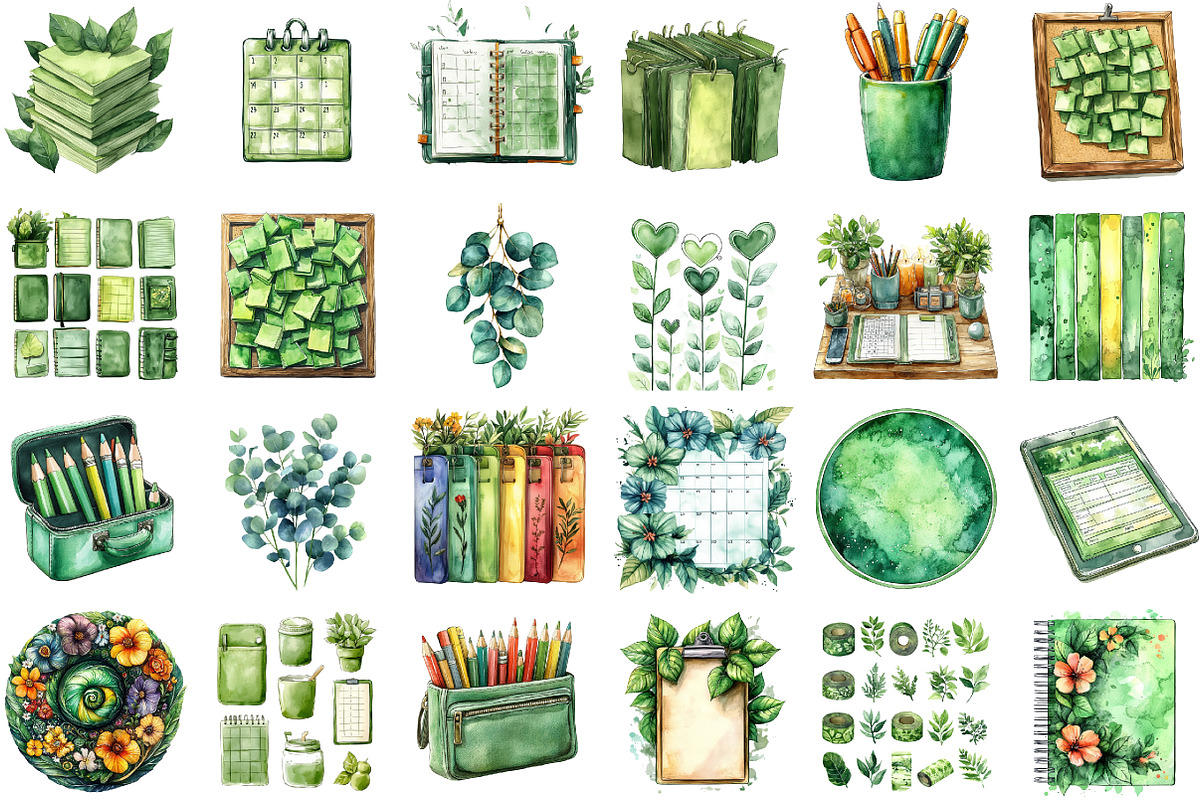 Watercolor Green Planner Clipart, an Illustration by Sublimation Artist (Photo 2 of 6)