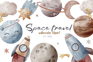 Watercolor Space Travel Clipart