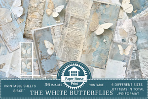 White Butterflies Junk Journal Paper, a Background Graphic by NiiiNArt