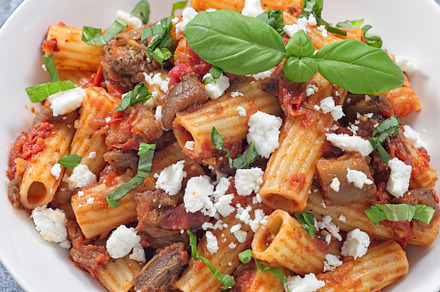 Rigatoni alla Norma pasta with eggplant and tomato, basil and ricotta salata, h