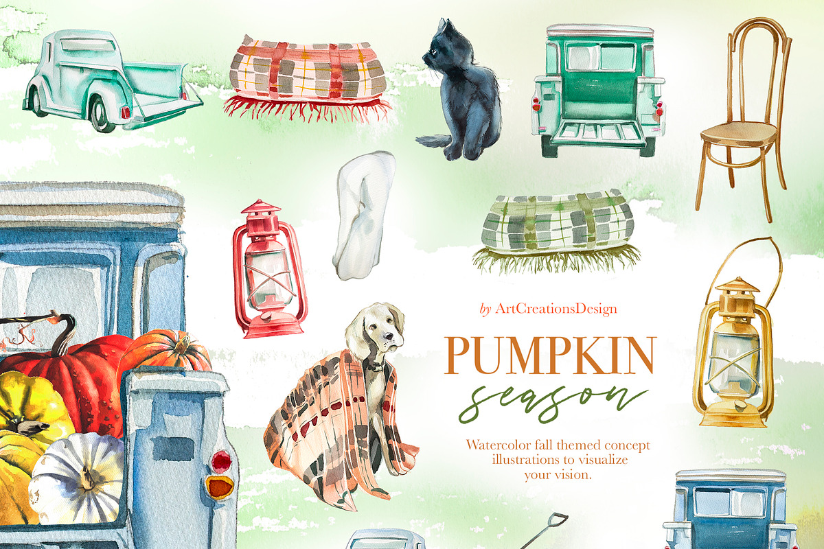 Watercolor Pumpkin Season Clipart, a Seasonal Illustration by ArtCreationsDesign (Photo 8 of 22)
