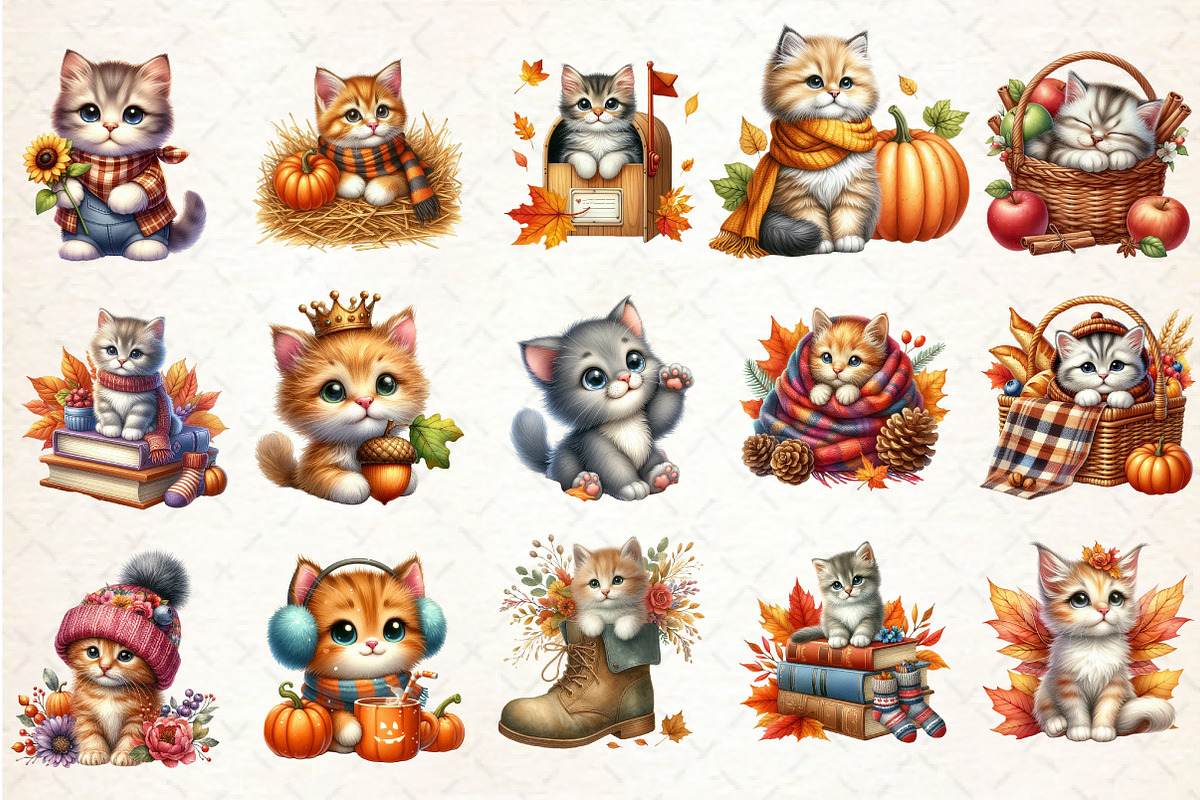 Watercolor Autumn Kitten Clipart, an Illustration by Rose Art (Photo 3 of 3)