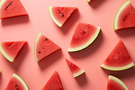 Sliced watermelon on pink background. Generative AI, a Food & Drink Photo by AlyaAnd