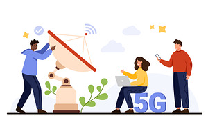 People Using 5G Satellite Internet, a Technology Illustration by Flashvector