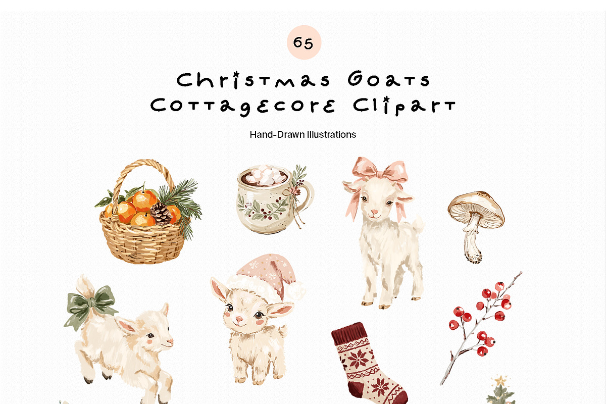 Christmas Goats Cottagecore Clipart, a Seasonal Illustration by divanovskaya_nv (Photo 4 of 15)