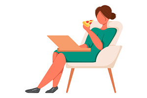 Woman working on laptop eating pizza, a Person Illustration by vectorpointstudio