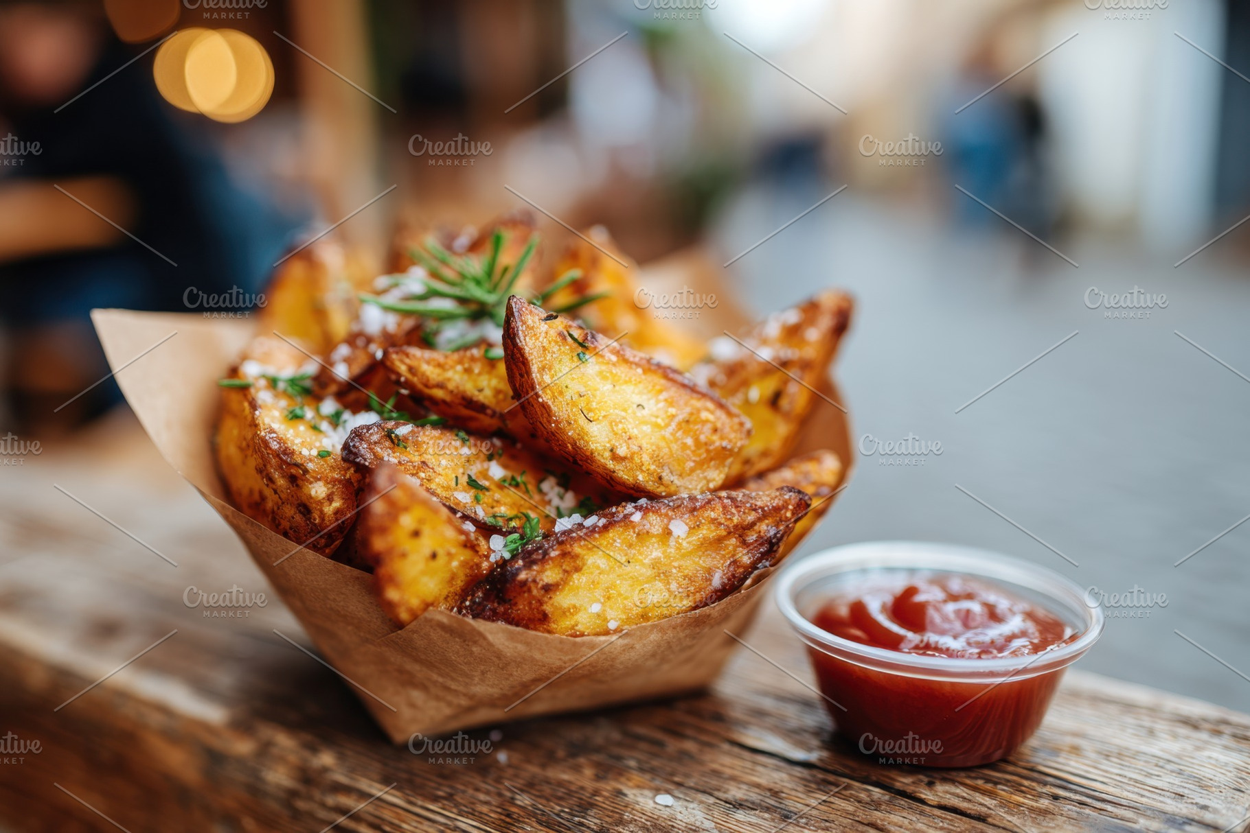 Crispy potato wedges with ketchup, a Food & Drink Photo by AlyaAnd