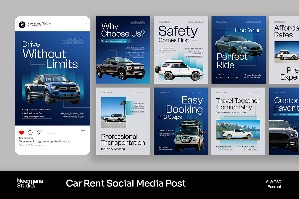 Blue Car Rent Instagram Post, a Social Media Template by Neermana (Photo 1 of 4)
