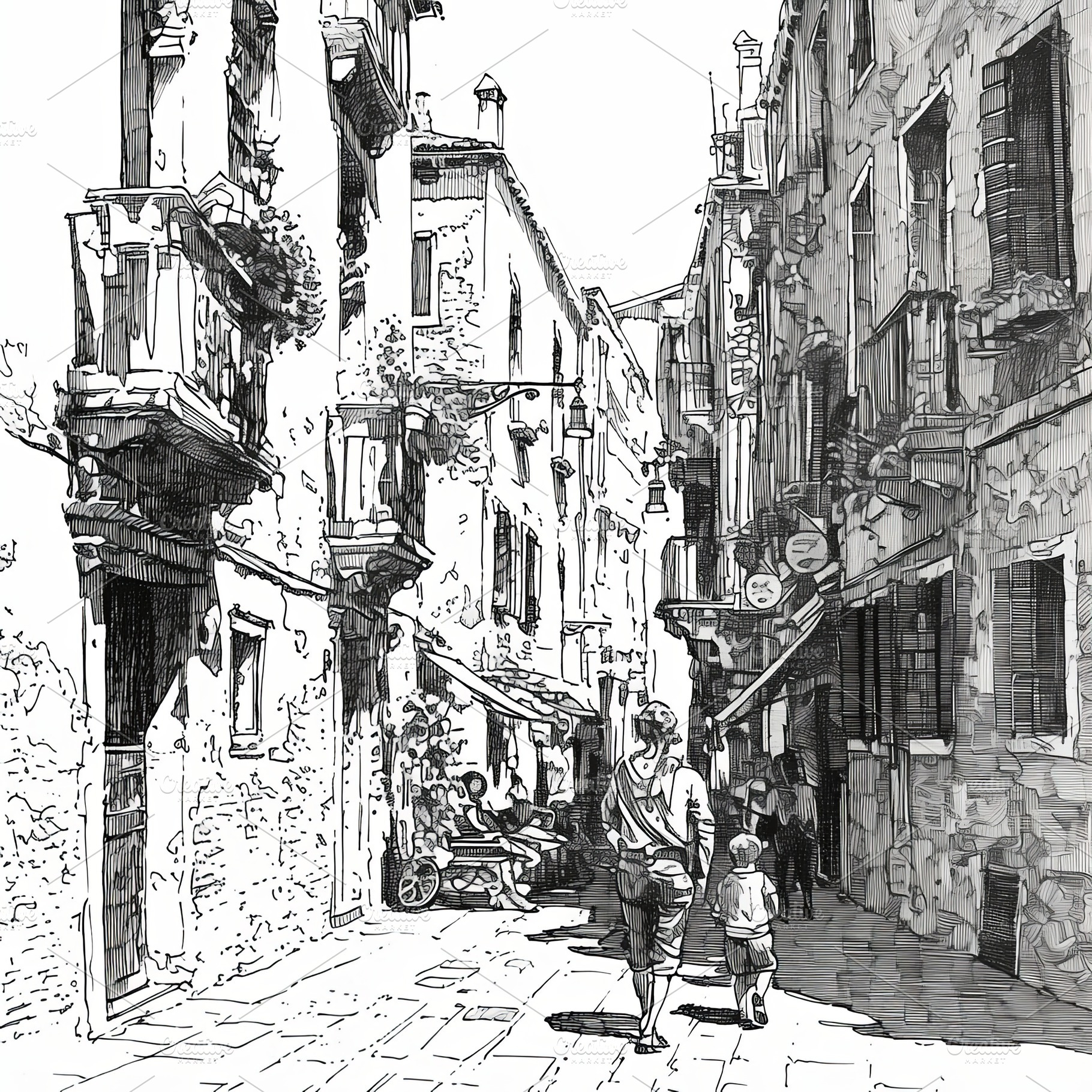 Scenic urban sketch showing a street with people walking in an alley, a Photo by AS photostudio