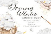 Dreamy Whales Watercolor Clip Art, a Decorative Illustration by Eves_Aquadreams (Thumbnail 1 of 9)