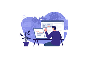 A man working intently at his desk w, an Illustration by designvectx