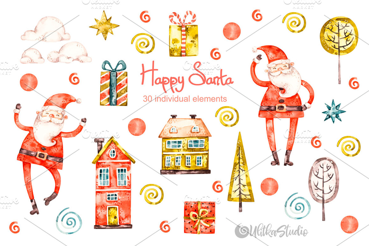 Happy Santa Claus. Christmas clipart, a Decorative Illustration by UlitkaStudio (Photo 2 of 10)