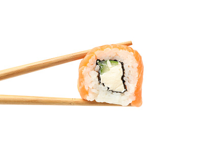 Chopsticks with sushi roll isolated on white background, a Food & Drink Photo by AtlasStudio