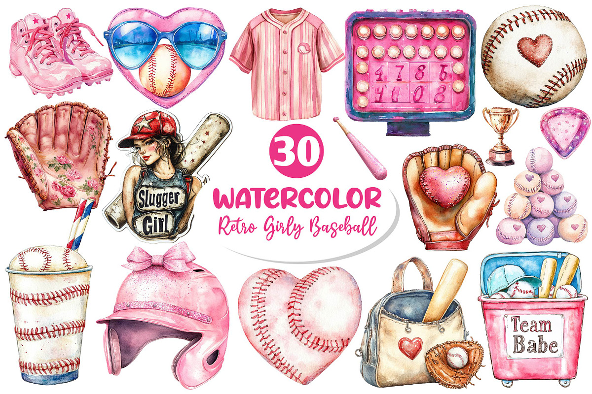 Retro Girly Baseball Clipart Bundle, an Illustration by Dream Creation (Photo 1 of 6)
