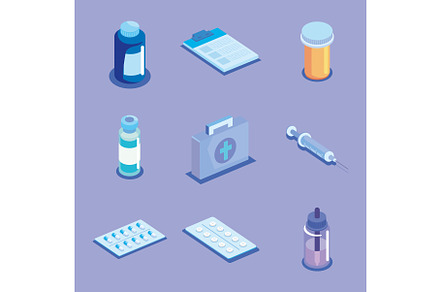 nine medicine isometric icons, a Healthcare Illustration by studiogstock