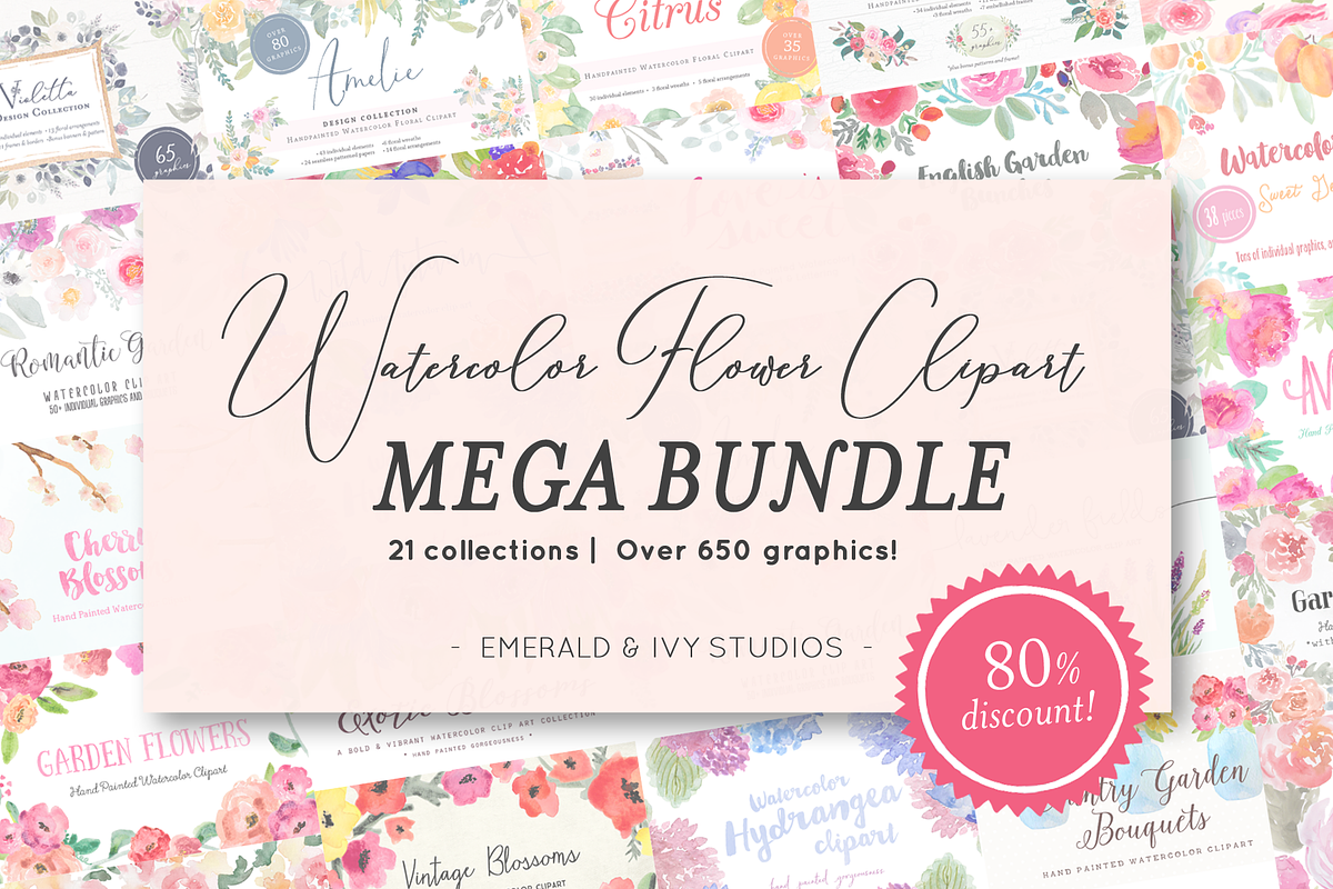 SALE! HUGE Watercolor Flower Bundle, an Illustration by Emerald & Ivy Studios (Photo 1 of 23)