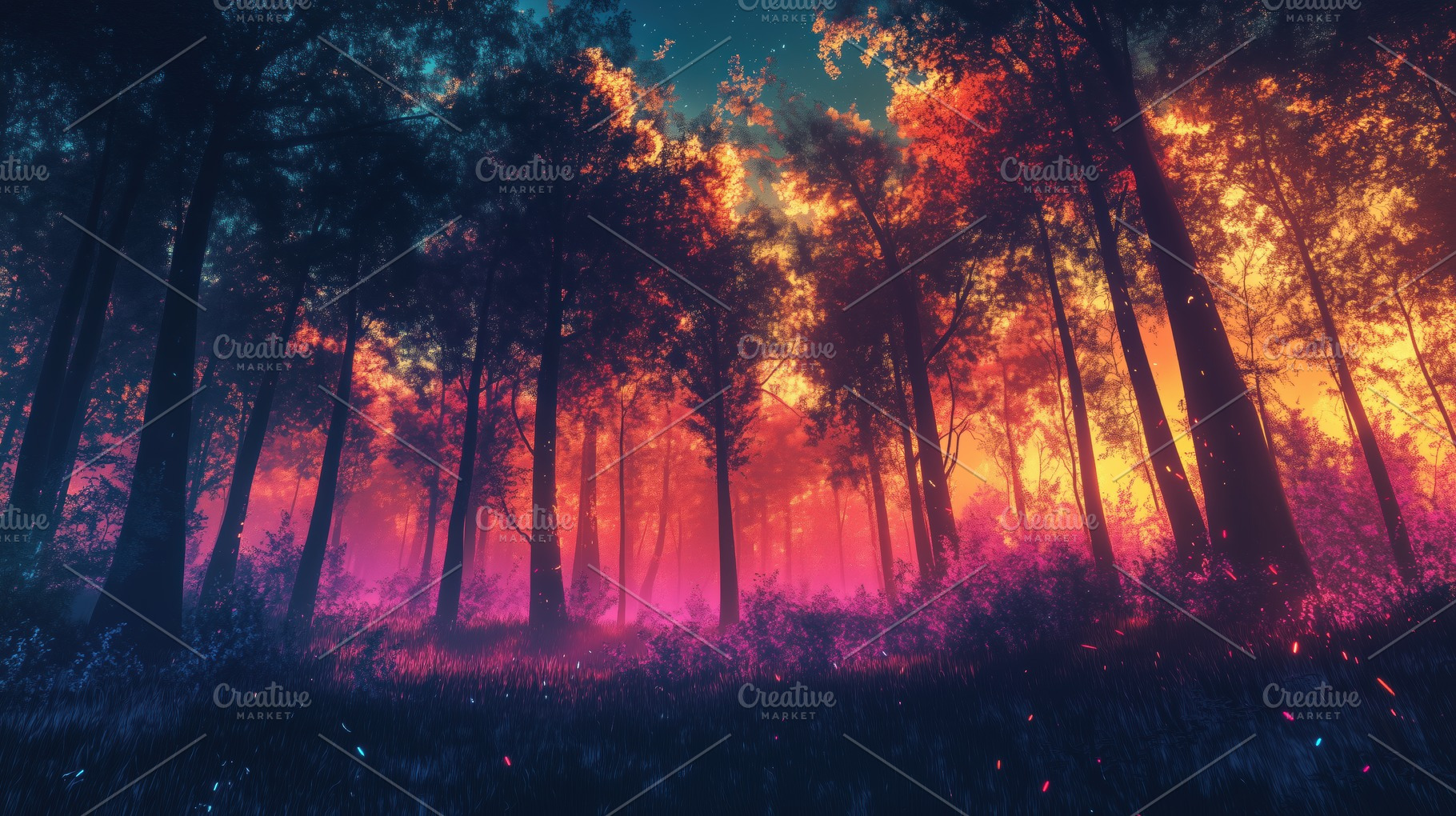 A vibrant forest scene at dusk, featuring tall trees with colorful autumn folia, a Photo by Textures & Backgrounds