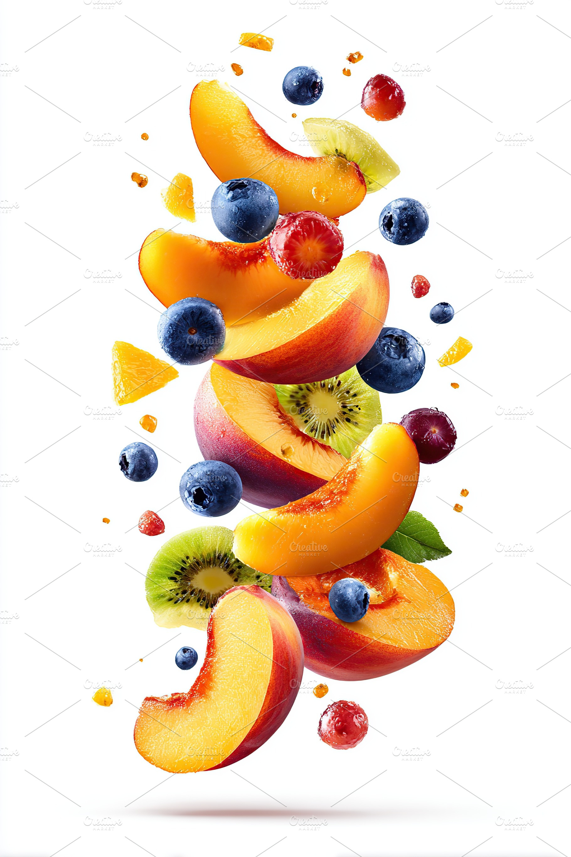 Fruit mix featuring vibrant peach slices and blueberries in a dynamic compositi, a Food & Drink Photo by AlyaAnd