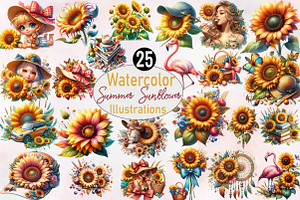 Watercolor Summer Sunflower Clipart, an Illustration by SVGArt