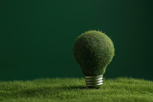 Green light bulb covered in grass st, a Photo by Iftikhar Alam