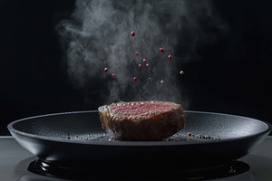 Cooking a gourmet steak with spices, a Photo by Tanuart