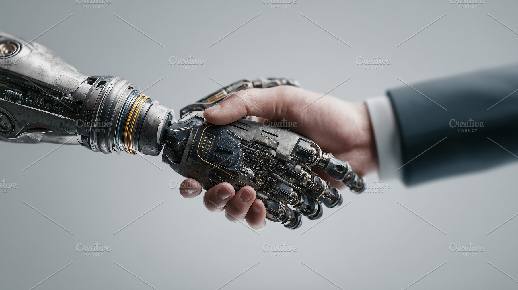 Human and robotic hand in a firm, a Technology Photo by MistyDay
