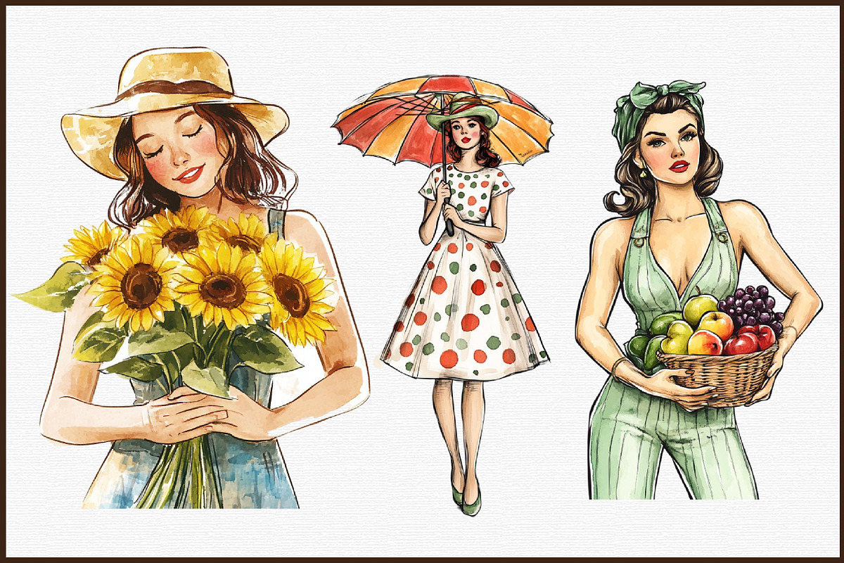 Summer Vintage Woman Clipart, an Illustration by Sublimation Artist (Photo 3 of 6)